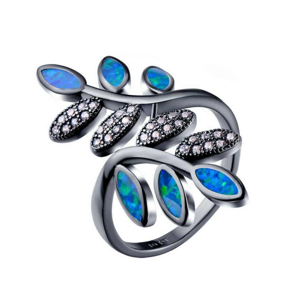 Blue Opal Zircon Black gold fashion ring sz9